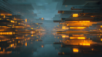 Poster - Abstract cityscape mirrored in water with warm glowing lights under a moody sky reflecting future