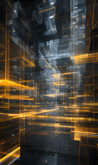 Poster - Abstract Technological Cityscape Illuminated with Neon Glow Representing Futuristic Architecture and Data Streams
