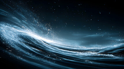 Poster - an abstract depiction of a cosmic wave with sparkling particles moving through the dark space