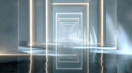 Poster - A mesmerizing perspective through a modern minimalist corridor with glowing pillars and reflections in a vast space