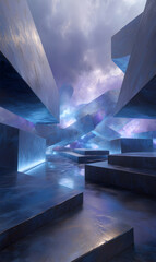 Poster - Surreal architectural landscape with geometric structures and celestial atmosphere for futuristic design concepts