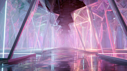 Poster - Futuristic neon crystal tunnel vision artscape shimmering under soft diffused light and water effects