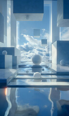 Poster - Surreal sky reflected in geometric architecture creates a dreamy ethereal space with white spheres and clouds