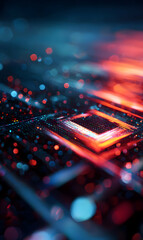Poster - Abstract technology circuit board with bokeh effect, digital innovation with advanced processing power concept, futuristic design for high tech industry