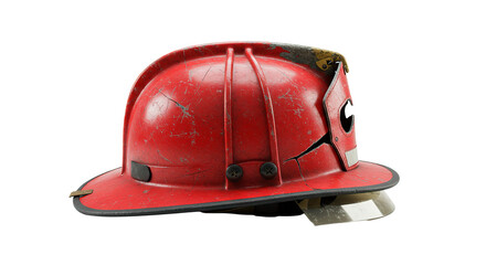 A weathered red firefighter's helmet shows signs of use and damage.