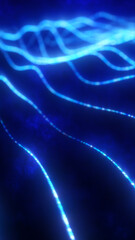 Poster - Flowing glowing blue lines on a dark background, representing digital currents or wave energy