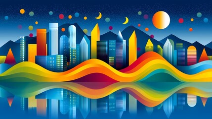 Poster - Vibrant Cityscape at Night with Colorful Abstract Hills and Water Reflection