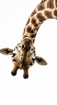 Close-up of giraffe neck and head, inverted view, showing detailed fur texture and pattern White background, free space for text or logo, ideal for playful, curious concepts
