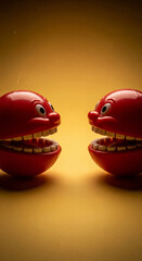 Aufkleber - Two red plastic toys with teeth, facing each other against a yellow background, symbolize communication or playful interaction