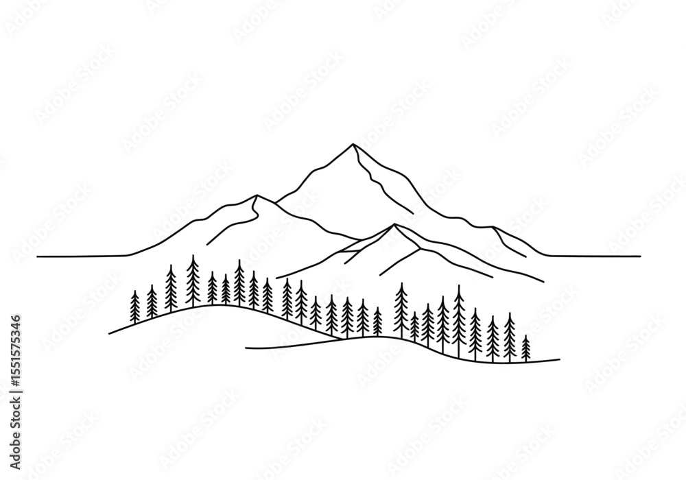 Mountain with trees drawing. It is a vector sketch line art drawing of ...