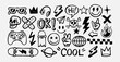© cddesign.co - Hand-drawn doodle vector set with cool icons like skulls, smiley faces, lightning bolts, game controller, peace sign, and more. Perfect for t-shirts, stickers, and streetwear graphics.