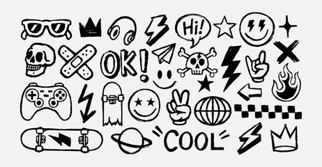 Hand-drawn doodle vector set with cool icons like skulls, smiley faces, lightning bolts, game controller, peace sign, and more. Perfect for t-shirts, stickers, and streetwear graphics.