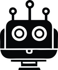 Aufkleber - Stylized black and white icon of a friendly robot head with three antennae and large circular eyes representing artificial intelligence and technology