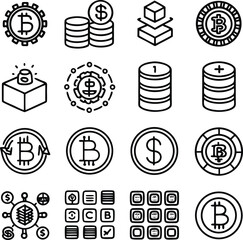 Poster - collection of cryptocurrency and financial icons featuring bitcoin symbols stacks of coins and abstr
