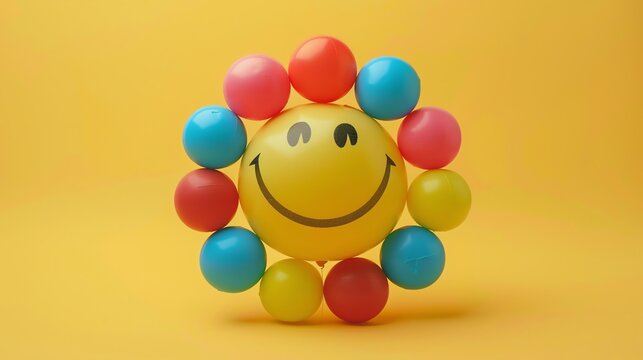 3D rendering of a yellow smiley face balloon with red, blue, pink, and yellow balloons around it on a yellow background.