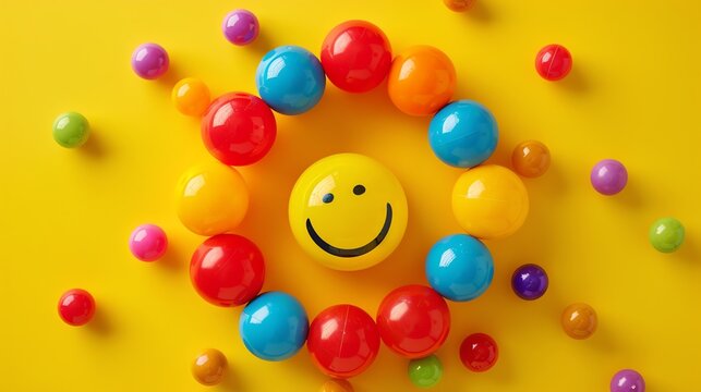 3D rendering of a yellow smiley face surrounded by colorful balls on a yellow background. balls are arranged in a circle around the smiley face.