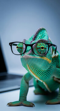 Close-up of teal chameleon wearing eyeglasses near laptop, showcasing intelligence and adaptability, symbolizing innovative solutions and modern technology