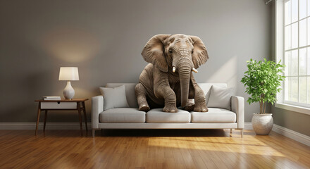 Poster - Elephant sitting on light gray sofa in modern living room, showcasing unusual home decor concept, creating unexpected and humorous mood