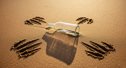Aufkleber - Empty glass bottle lies on sandy beach, surrounded by claw marks in sand, suggesting a message in a bottle concept, symbolizing hope, mystery, or lost communication