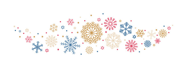Aufkleber - Christmas garland with snowflakes and sparkles stars in gold, red, blue color. Snowflakes border in wave shape isolated on transparent background. Golden snowflakes and stars banner. Vector 