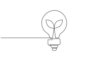 Aufkleber - Continuous drawing line art of light bulb with plant. Concept green energy, Self drawing simple animation of plant inside light bulb drawn by continuous one line. 4k animated single line art