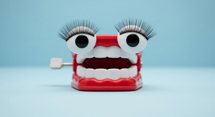 Poster - Red plastic toy jaw with large eyes and lashes against a light-blue background Playful, whimsical, and slightly quirky image, suitable for fun or novelty concepts