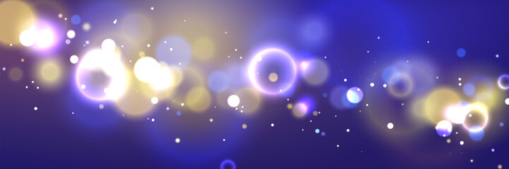 Poster - Dreamy gold and blue bokeh background with floating light circles. Abstract blurred sparkles - magical atmosphere for festive celebration, luxury design or holiday backdrop with shimmering particles.