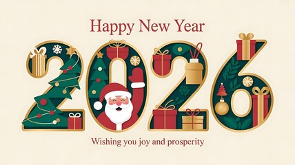 Poster - 2026 Happy New Year Background Design. Greeting Card, Banner, Poster. Vector Illustration, Happy New Year 2026 creative concept design with various Christmas items, created with generative ai