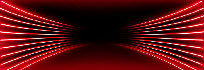 Poster - Red neon tunnel with glowing light streaks converging toward black center - futuristic speed lines in perspective illusion, cyberpunk corridor effect for gaming background, technology presentation