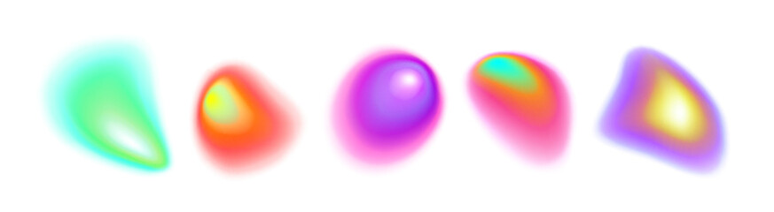 Poster - Vibrant gradient aura shapes collection - soft blurred colorful orbs with rainbow glow effects on white background for modern design, energy visualization or holographic artwork with light patterns.
