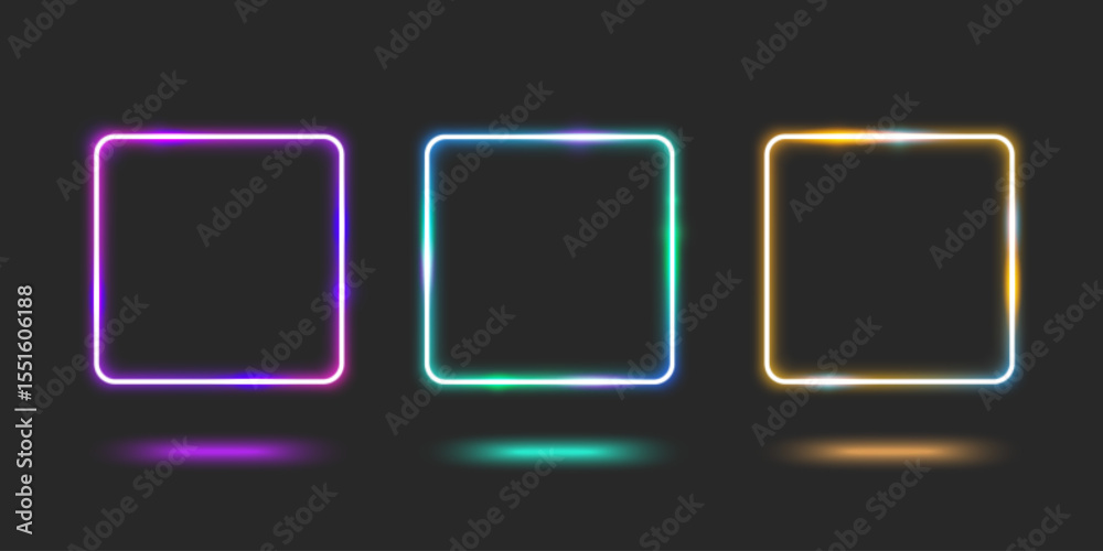 Neon square frame set glowing on dark background - purple, green and ...