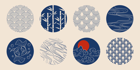 Poster - Japanese tradition circle patterns in navy blue on beige bg - wave motifs, bamboo stalks, koi fish, sunset over clouds and geometric seigaiha scales designs. Asian oriental decorative elements.