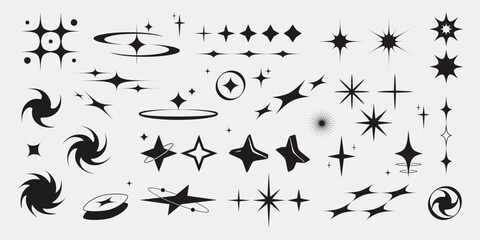 Poster - Black star shapes collection with sparkle and bling effects - various geometric stars and bursts, swirls and spark design elements. Modern decorative graphics set for badges, retro space themes.