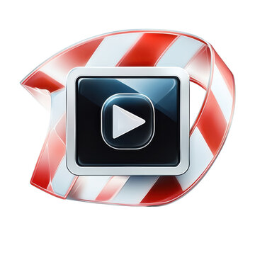 Glossy Play Button Icon with Red White Striped Ribbon Multimedia Video on transparent background