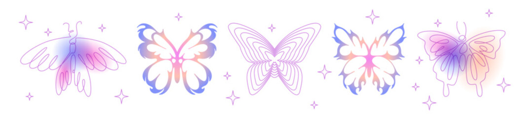 Poster - Y2k butterfly set with gradient rainbow wings, pink blurred effects, neon purple and blue colors. Retro digital aesthetic for nostalgic design, trendy sticker, dreamy 2000s fashion decorative element.