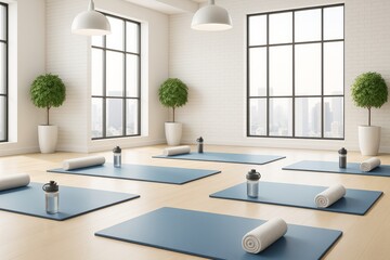 Aufkleber - Modern light-filled yoga studio interior with rolled mats, water bottles, and minimalist decor in a bright city view setting.