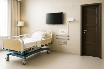 Poster - Modern hospital room interior with medical bed, minimalist decor, and natural light through large window on neutral background. Ai generative.