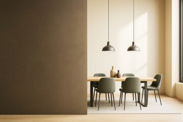 Poster - Minimalist contemporary dining room with olive chairs, wooden table, pendant lights, and soft natural light on beige walls and wooden floor.