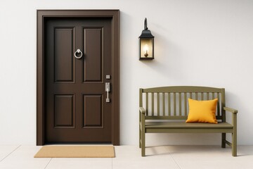 Poster - Modern home entrance with dark wooden door, outdoor bench, wall lamp, and minimal decor on light background with clean architectural design.