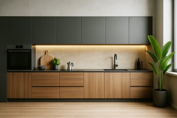 Poster - Modern minimalistic kitchen interior with wooden cabinets and matte black finishes illuminated by soft under-cabinet lighting in a bright room.