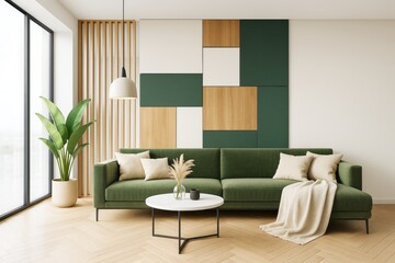 Poster - Modern minimalist living room with green sofa, geometric wood panel wall, and large windows in bright contemporary interior decor style.