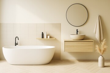 Poster - Minimalist modern bathroom interior with freestanding tub, wood vanity, round mirror, and neutral beige decor in contemporary style setting.