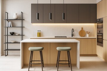Aufkleber - Contemporary minimalist kitchen interior with wooden cabinets, black accents, and soft lighting featuring modern island and shelving decor.