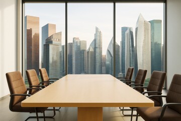 Aufkleber - Modern office meeting room with large table and panoramic windows overlooking futuristic skyscrapers in daylight setting. Ai generative.