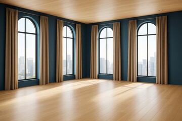 Aufkleber - Contemporary empty room with tall arched windows, beige curtains, wooden floor, and cityscape background in modern architectural interior design concept.