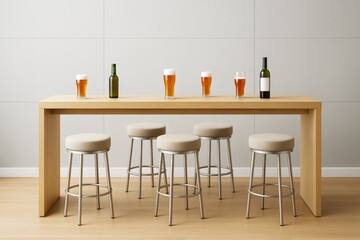 Poster - Modern bar interior with wooden table, beer glasses, wine bottles, and stools in bright contemporary room with clean minimalist design concept.