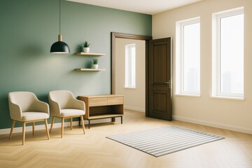 Poster - Modern cozy interior room with minimalist furniture, green accent wall, wooden door, and striped rug in natural daylight setting.
