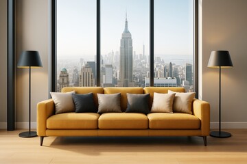 Aufkleber - Modern living room with mustard yellow sofa and panoramic city skyline view through large windows, featuring contemporary decor and soft lighting.