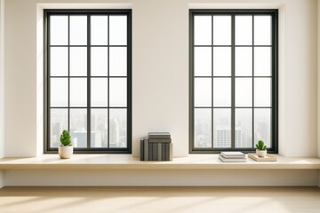 Poster - Modern bright interior with large black-framed windows, wooden bench, books, and potted plants in minimalist empty room overlooking cityscape.