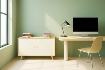 Poster - Modern minimalist home office interior with light wooden furniture and soft green walls in natural sunlight creating a calm and productive workspace..